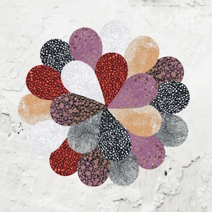 May include: A colorful abstract flower design with a variety of textures and patterns. The flower is made up of 12 petals in shades of red, orange, purple, white, gray, and black.