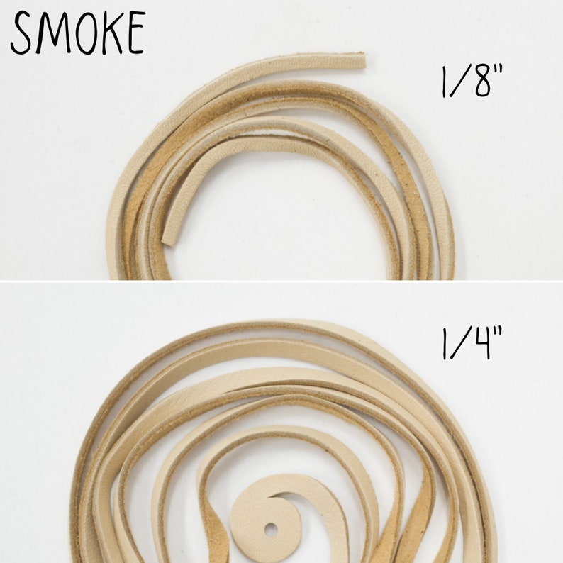 May include: Two pieces of leather cord in the colour smoke. The cord on top is 1/8 inch thick and the cord on the bottom is 1/4 inch thick.