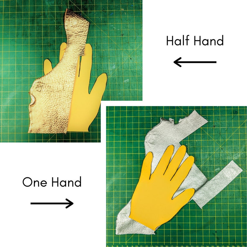 May include: Two pieces of leather cut out in the shape of a hand. One piece is a full hand, the other is half a hand. The leather is a light brown color and has a textured surface. The text "One Hand" and "Half Hand" is written on the image.