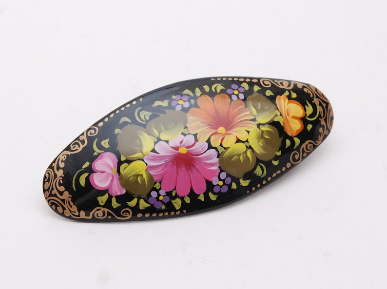 Handmade and handpainted Russian barrette hair clip with artist/'s signature inside Free Shipping plus free gift!