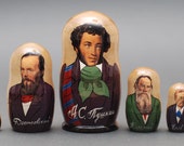 Russian writers Pushkin, Dostoevsky, Tolstoy matryoshka babushka russian nesting doll 5 pc Free Shipping plus free gift!
