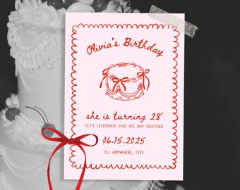 Editable Birthday Party Invitation Template: Red Bow Cake (Canva)