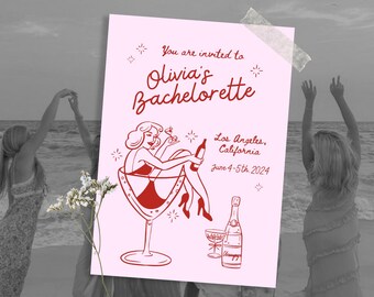 Modern Bachelorette Party Invitation: Pink Red Itinerary Template (Canva Editable)