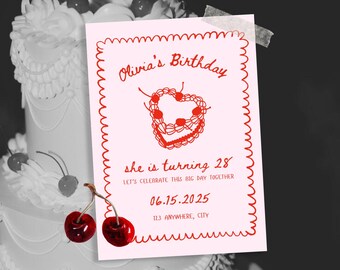 Handwritten Birthday Invitation Template: Cherry Red, Editable in Canva