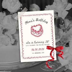 Modello di invito per festa di compleanno scritto a mano: rosso ciliegia (Canva)