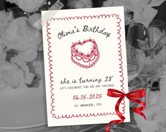 Handwritten Birthday Party Invitation Template: Cherry Red (Canva)