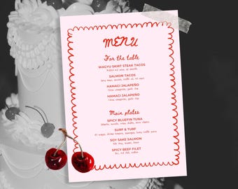 Editable Party Menu Template: Cherry Red, Modern Design (Canva)