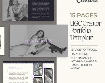 UGC Portfolio Canva Template: Dark Theme, 15 Pages (Digital Template)