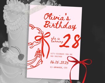 Handwritten Birthday Party Invitation Template: Red & Pink Cake (Canva)