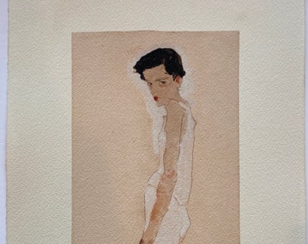 May include: A watercolor print of a figure in a white garment, holding a blue and brown object. The figure has dark hair and red lips. The print is numbered 51/100 and signed by Egon Schiele.