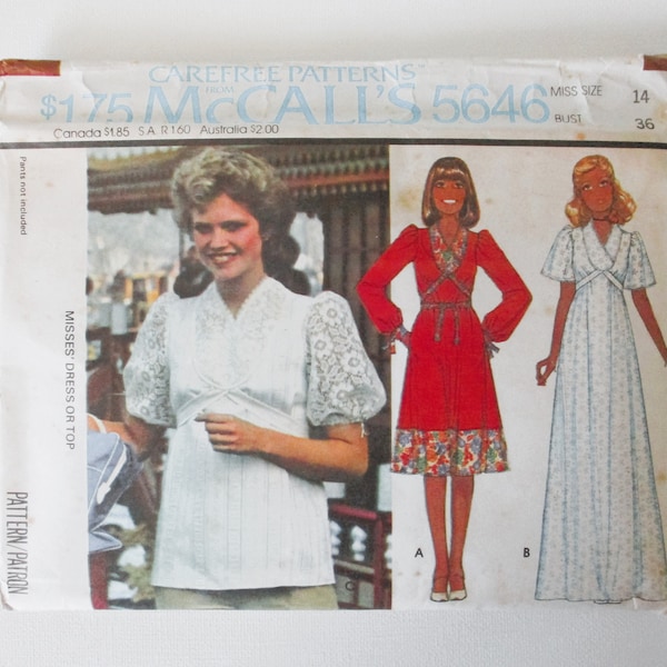 McCall's Misses Dress and Top Babydoll Style Pattern 5646 size 14 Vintage 1977      uncut / complete