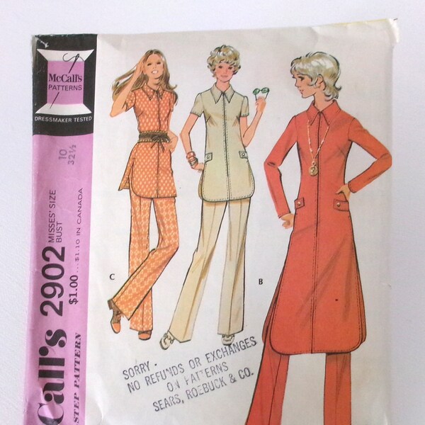 Vintage '70's McCall's 2902 Sewing Pattern Cut / Complete Shirt Collar Tunic with Pants Misses Size 10 for a 32 1/2" Bust 1971