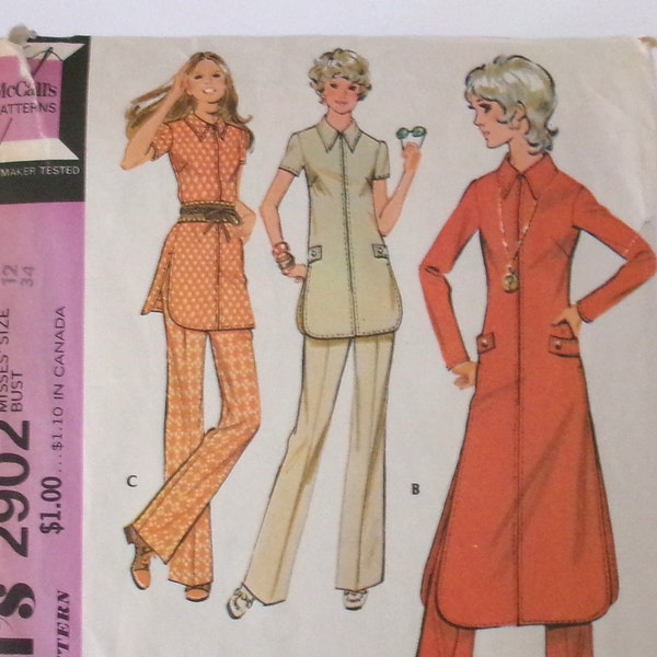Vintage '70's McCall's 2902 Sewing Pattern Cut / Complete Shirt Collar Tunic with Pants Misses Size 12 for a 34" Bust 1971