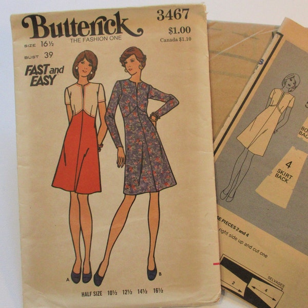70's Butterick Sewing Pattern 3467   half size  Women's One Piece Dress & Pants  size 16  1/2  bust 39 uncut / complete
