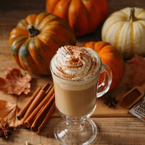 May include: A glass of pumpkin spice latte with whipped cream and cinnamon on top, surrounded by pumpkins and fall decor.