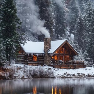 May include: A wooden cabin with a snow-covered roof and a stone chimney. The cabin has large windows and is lit up from inside. The cabin is surrounded by snow-covered trees and a frozen lake.