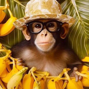 May include: A chimpanzee wearing a patterned hat and black-framed glasses, surrounded by bananas. The monkey is holding bananas in its hands, with a backdrop of green leaves.