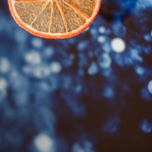 May include: A close-up of a dried orange slice, with a blurred background of blue and white bokeh lights.