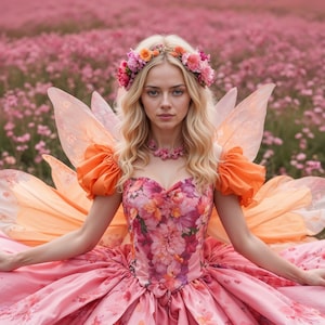May include: A woman wearing a floral dress, flower crown, and fairy wings, set in a field of pink flowers. The dress features a sweetheart neckline and a full skirt. The wings are a soft orange color.
