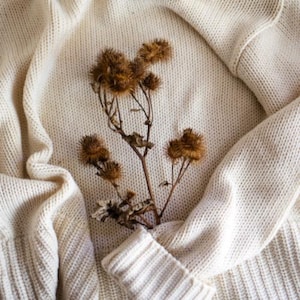 May include: Dried brown thistle flowers arranged on a white knitted sweater.