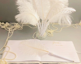 White feather pens-All white wedding favor reception centerpiece party decoration-Bridal shower game prize-Baby shower favor-Guest book pens