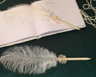 Ivory Lace & Pearl Wedding Pen Vintage Wedding Guest Book Pen Set OSTRICH FEATHER PEN 1920s Ivory Vintage Wedding Decorations Feather Pens