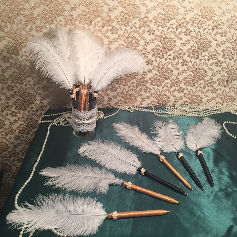 Art Deco Wedding Pen Favors for Guest Book Bridal Shower Favor Bachelorette Party Decoration Wedding Favor Baby Shower Decor Feather Pens