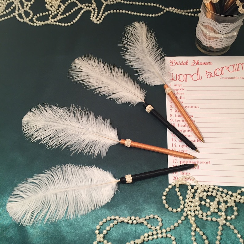 Art Deco Wedding Pen Favors for Guest Book Bridal Shower Favor Bachelorette Party Decoration Wedding Favor Baby Shower Decor Feather Pens