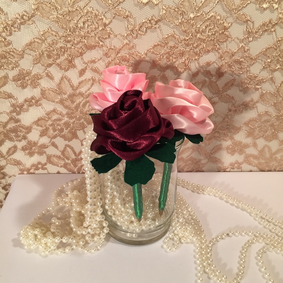 FLOWER PENS Blush Burgundy Wedding Decor-Fall Wedding Pen guest book-Bridal Shower favor games-Birthday Party Decorations || Office Supplies