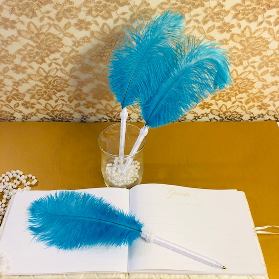 blue feather pens turquoise wedding guest book party decoration baby bridal shower favor boho office supplies quill ballpoint pen set gift office guest book