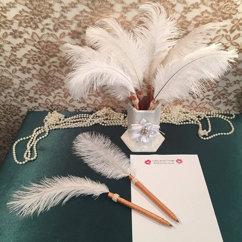 Art Deco Wedding Pen Favors for Guest Book Bridal Shower Favor Bachelorette Party Decoration Wedding Favor Baby Shower Decor Feather Pens