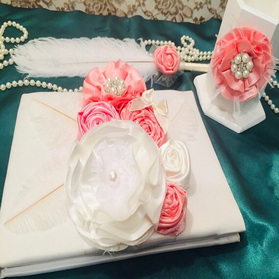 Pink Coral Wedding Guest Book Reception Table Centerpiece Etsy