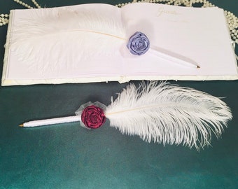 White Wedding Guest Book Pen Set, 35 COLOR Rose feather pen, Garden Wedding Decoration Decor Floral Wedding Pen gift box Ostrich Feather Pen