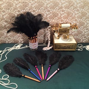 May include: A set of seven black feather pens with gold colored barrels. The pens are arranged on a green surface with a vintage rotary phone and a vase of black feathers in the background.