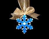 Personalized Blue Fused Glass Snowflake Ornament, Modern Christmas Ornament with Gold Metallic Ribbon