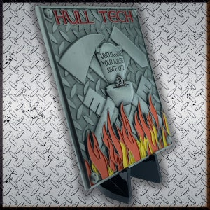 May include: A silver metal plaque with the text "Hull Tech Unclogging Your Toilets Since 1972" and a cartoon image of a toilet plunger, a toilet bowl, and a pile of poop on fire. The plaque is on a black stand.