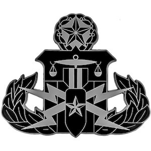 May include: A black and silver military badge featuring a shield, scales of justice, lightning bolts, and a star. The badge is encircled by a wreath of leaves.