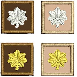 May include: A set of eight square embroidered patches featuring a central oak leaf design. The top row displays silver oak leaves on black, brown, tan, and blue backgrounds. The bottom row shows gold oak leaves on black, brown, tan, and blue backgrounds.