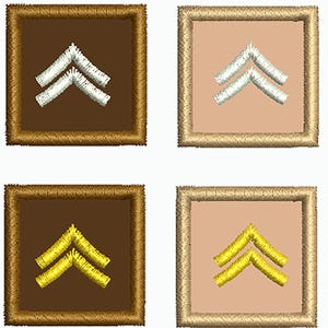 May include: Eight square embroidered patches arranged in two rows. Each patch features a double chevron design in either white or yellow thread. The background colors of the patches include black, brown, tan, and blue, all with matching borders.