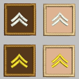 May include: Eight embroidered patches featuring chevrons in various color combinations. The patches are square, with a colored background and a contrasting border. The chevrons are white or gold, and the backgrounds are black, brown, tan, and blue.