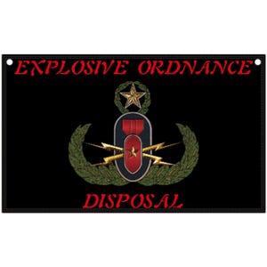 May include: Black banner with the words "EXPLOSIVE ORDNANCE DISPOSAL" in red. The center features a badge with a star, a bomb, and lightning bolts, surrounded by a wreath.