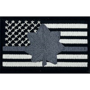 May include: A black and white embroidered patch with a gray American flag and a gray five-pointed star in the center.