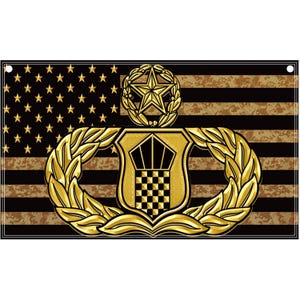 May include: A rectangular flag featuring a stylized American flag background with alternating black and distressed tan stripes and a field of gold stars. Centered is a gold-toned United States Air Force Security Forces badge emblem.
