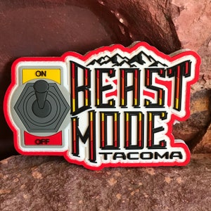 Toyota Tacoma Truck Morale Patch ~ Beast Mode Toggled On ~ Funny 3D PVC Morale Headliner Accessory ~ Retro Colors Mountains 4x4 Off-Roading