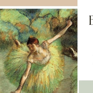 May include: Cross stitch pattern of a ballerina in a green tutu, titled "Degas Ballerina Cross Stitch Pattern". The pattern is 4.8 inches by 7 inches and uses 20 count fabric and 44 skeins of thread.
