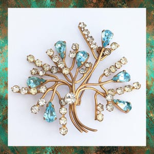 Vintage Mid Century Rhinestone Brooch, Floral Spray Brooch With Blue and Clear Rhinestones