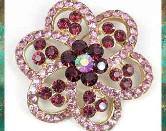 Vintage Lilac and Purple Rhinestone Flower Brooch Mid Century Brooch Large in Size