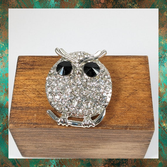 Vintage Rhinestone Owl Brooch, Wise Owl On a Bran… - image 4