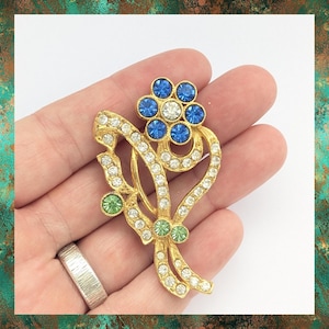 Handmade Rhinestone Floral Vintage Brooch Blue and Gold Tone