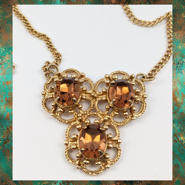 Vintage Tri Stone Set Necklace, Faceted Orange Glass Cabochons, Gold Tone Chain